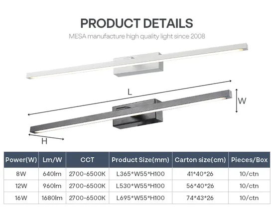 High Quality 8W 12W 16W Mirror Wall Lamp LED Bathroom Vanity Lighting 